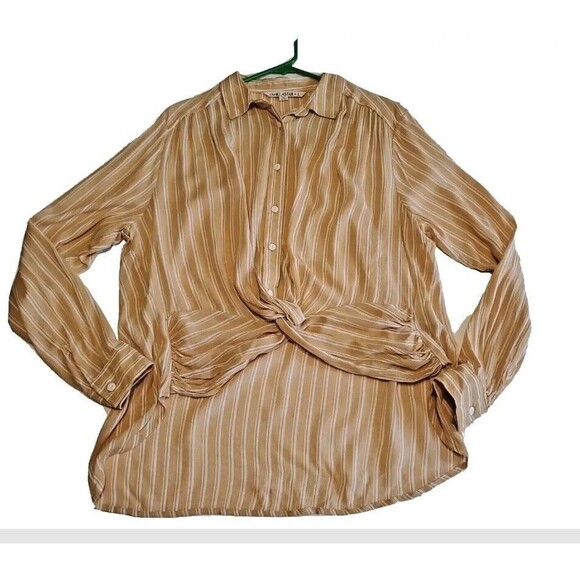 Womens Large Beachy Top Knot Front Lightweight Yellow Striped Button Close - Picture 1 of 12